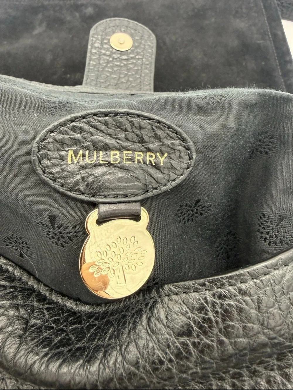 Mulberry Black Pebbled Leather Messenger Bag with Gold Accents